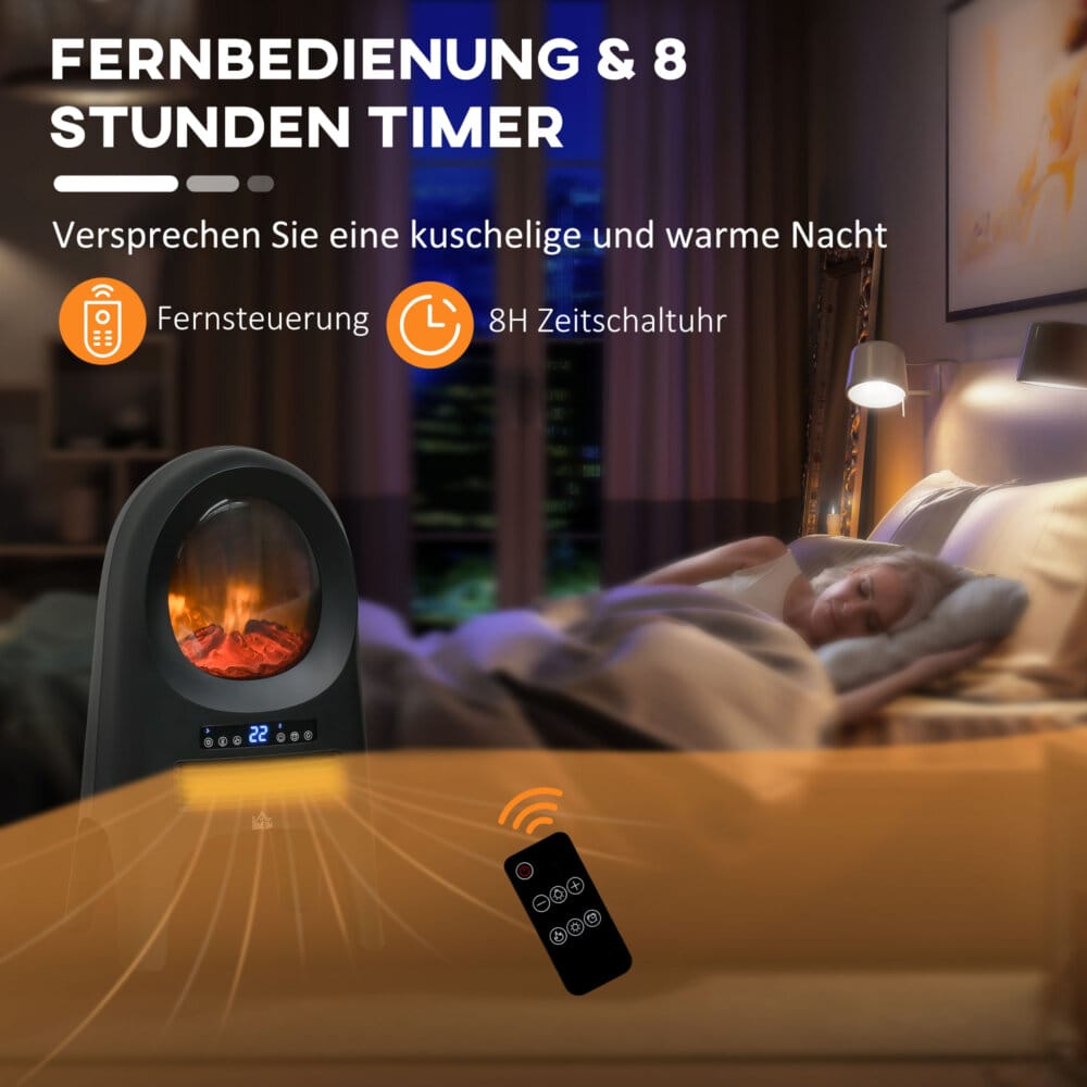 Ein schwarzer Heizlüfter und Heizgerät mit 2000W Leistung und LED-Flammen.