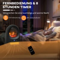 Ein schwarzer Heizlüfter und Heizgerät mit 2000W Leistung und LED-Flammen.