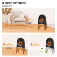 Ein schwarzer Heizlüfter und Heizgerät mit 2000W Leistung und LED-Flammen.