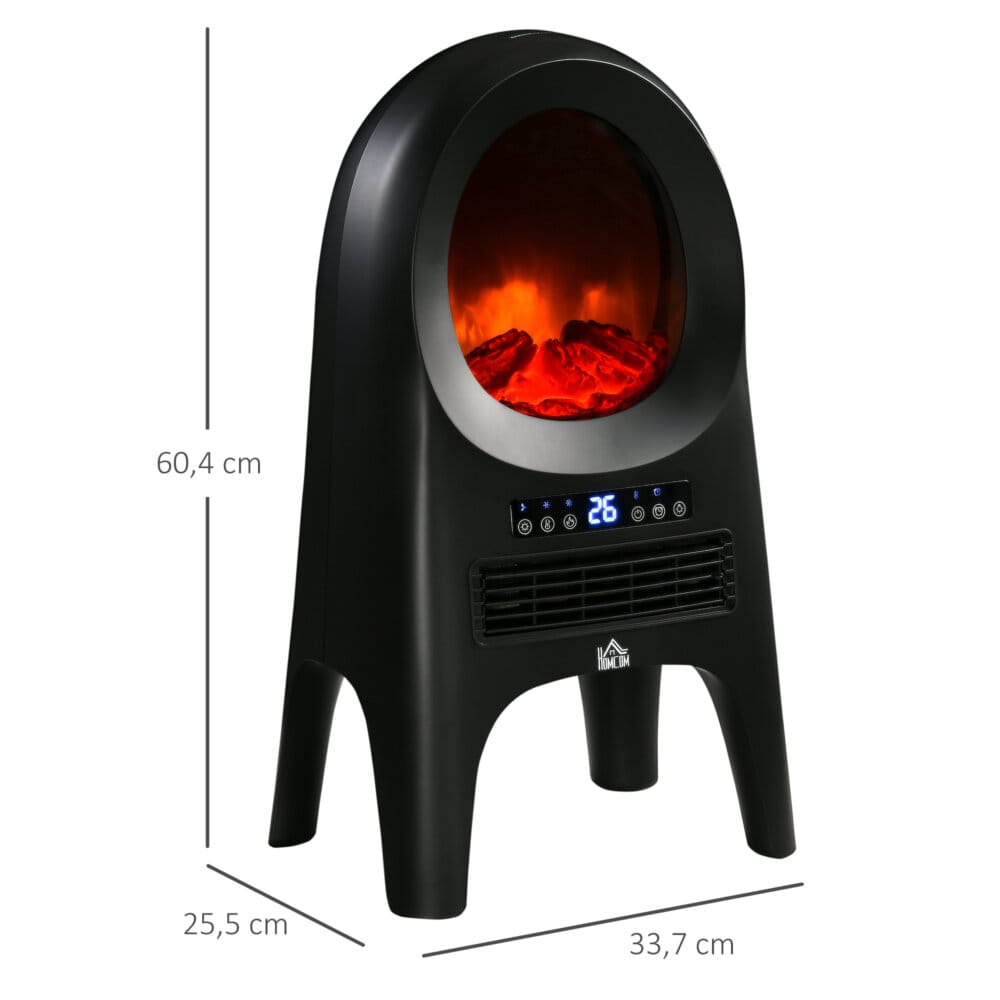 Ein schwarzer Heizlüfter und Heizgerät mit 2000W Leistung und LED-Flammen.