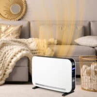 Ein weisser Heizlüfter und Heizgerät mit 2180W Leistung, LED-Licht und Timer.
