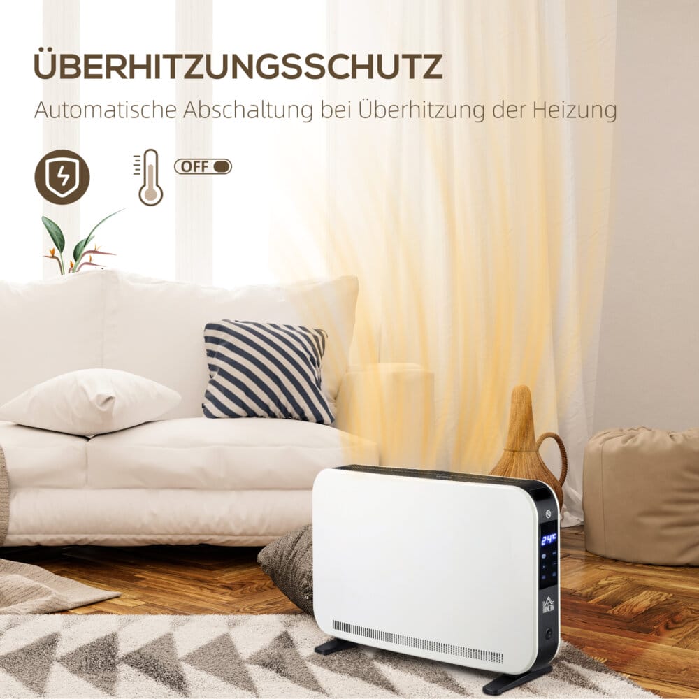 Ein weisser Heizlüfter und Heizgerät mit 2180W Leistung, LED-Licht und Timer.