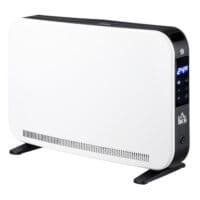 Ein weisser Heizlüfter und Heizgerät mit 2180W Leistung, LED-Licht und Timer.