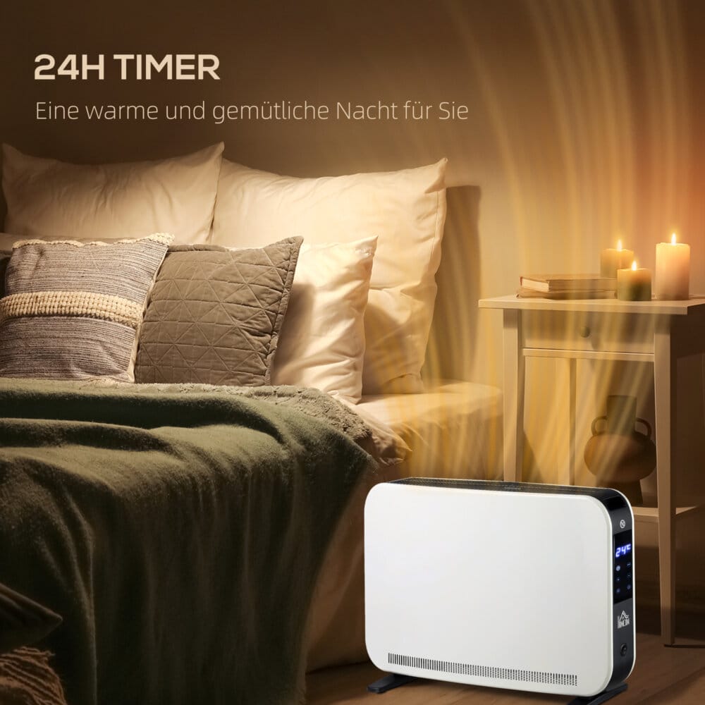 Ein weisser Heizlüfter und Heizgerät mit 2180W Leistung, LED-Licht und Timer.