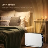 Ein weisser Heizlüfter und Heizgerät mit 2180W Leistung, LED-Licht und Timer.