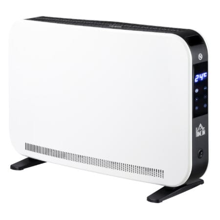 Ein weisser Heizlüfter und Heizgerät mit 2180W Leistung, LED-Licht und Timer.