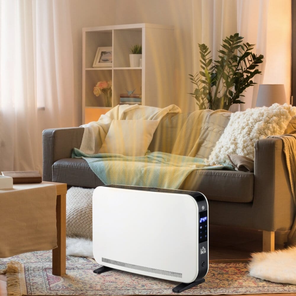 Ein weisser Heizlüfter und Heizgerät mit 2180W Leistung, LED-Licht und Timer.
