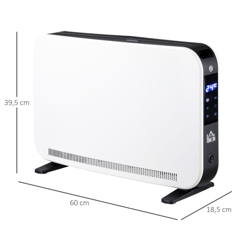 Ein weisser Heizlüfter und Heizgerät mit 2180W Leistung, LED-Licht und Timer.