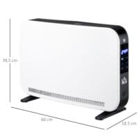 Ein weisser Heizlüfter und Heizgerät mit 2180W Leistung, LED-Licht und Timer.