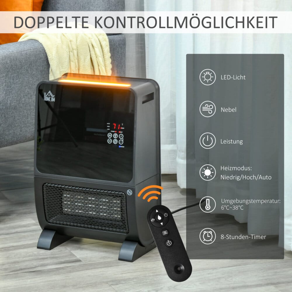 Eine 2-in-1 Heizlüfter und Ventilatorheizung mit 2000W Leistung, Timer und Fernbedienung.