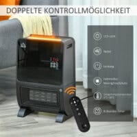 Eine 2-in-1 Heizlüfter und Ventilatorheizung mit 2000W Leistung, Timer und Fernbedienung.