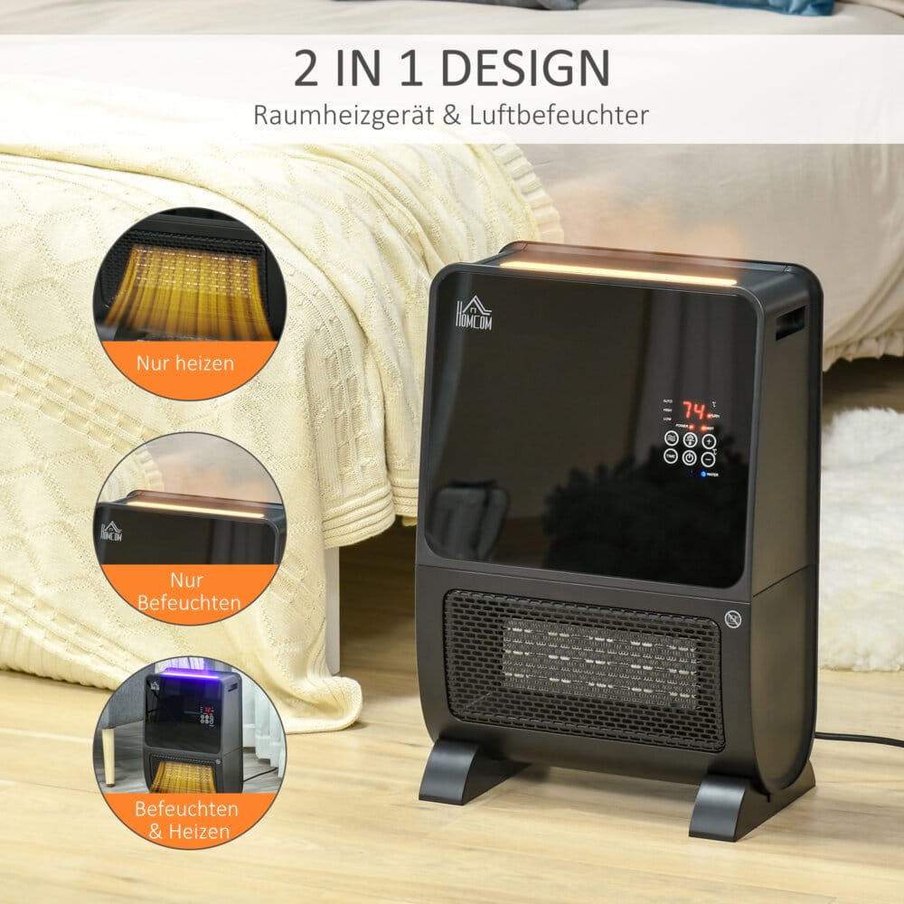 Eine 2-in-1 Heizlüfter und Ventilatorheizung mit 2000W Leistung, Timer und Fernbedienung.