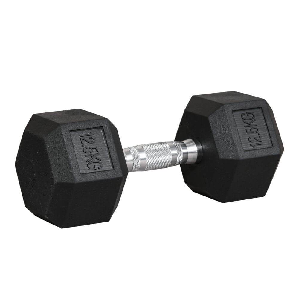 Schwarze Hexagon Kurzhantel 125kg aus Gusseisen mit Gummiüberzug, rutschfest und bodenschonend für Krafttraining.