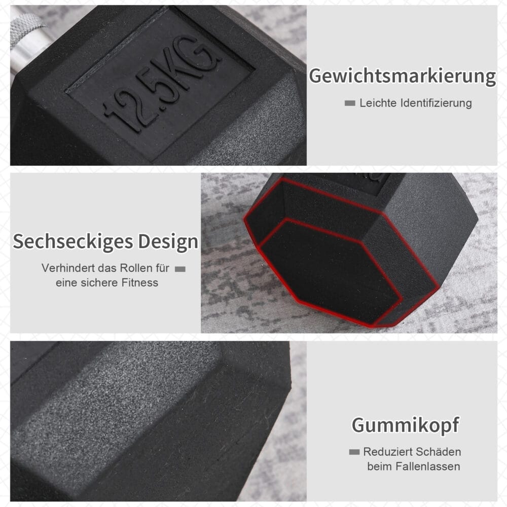 Schwarze Hexagon Kurzhantel 125kg aus Gusseisen mit Gummiüberzug, rutschfest und bodenschonend für Krafttraining.