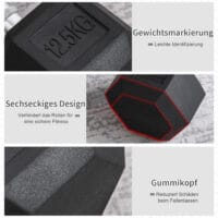 Schwarze Hexagon Kurzhantel 125kg aus Gusseisen mit Gummiüberzug, rutschfest und bodenschonend für Krafttraining.
