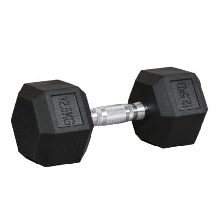 Schwarze Hexagon Kurzhantel 125kg aus Gusseisen mit Gummiüberzug, rutschfest und bodenschonend für Krafttraining.