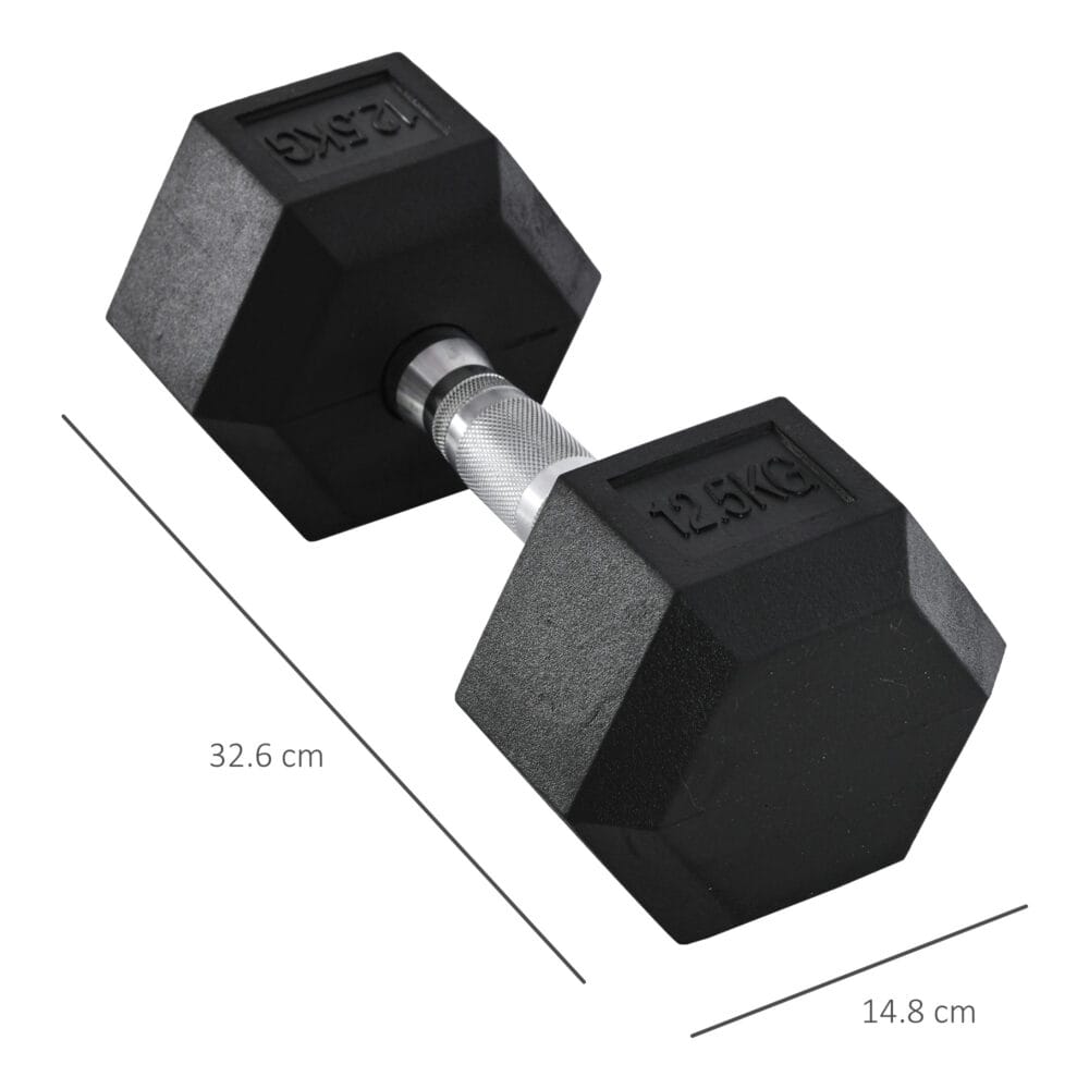 Schwarze Hexagon Kurzhantel 125kg aus Gusseisen mit Gummiüberzug, rutschfest und bodenschonend für Krafttraining.