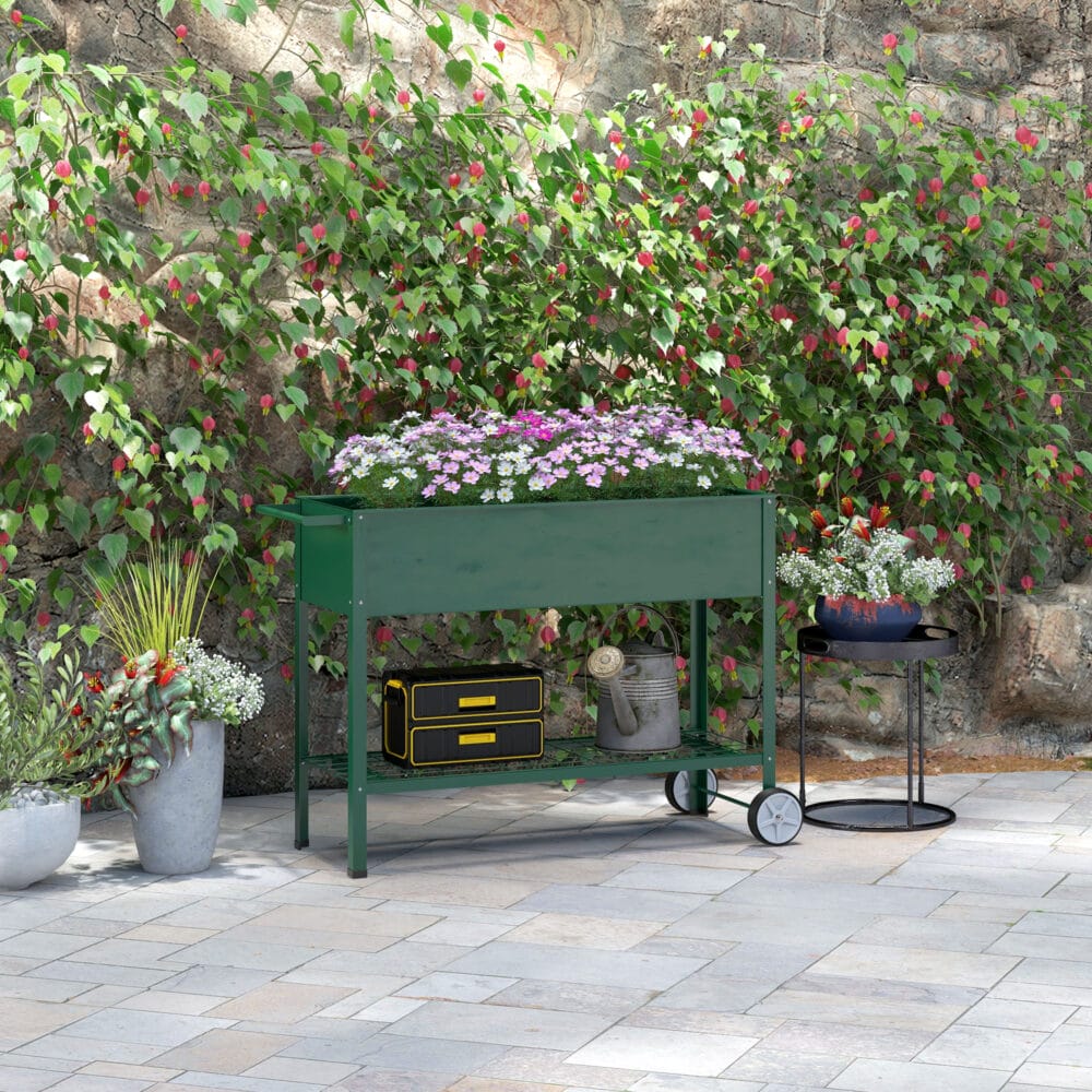 Hochbeet 109x44x80 cm aus Metall mit Rädern, Farbe Grün.
