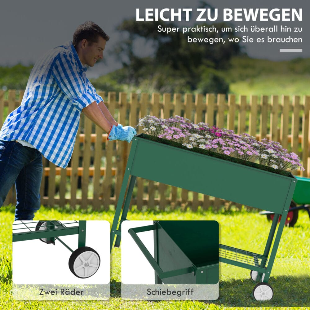 Hochbeet 109x44x80 cm aus Metall mit Rädern, Farbe Grün.