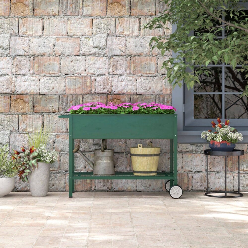 Hochbeet 109x44x80 cm aus Metall mit Rädern, Farbe Grün.