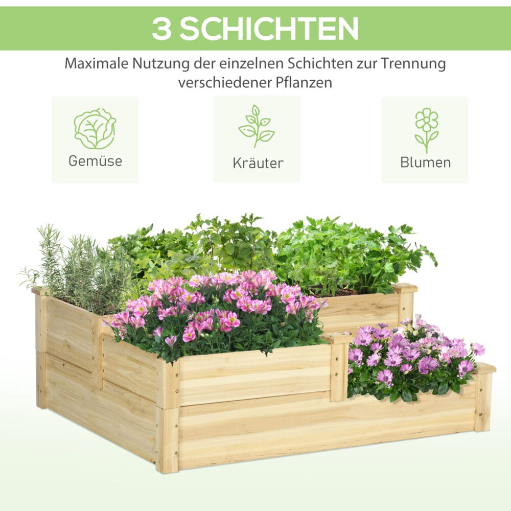 Hochbeet 3-stufig aus Tannenholz, ideal für Garten & Balkon, Naturfarbe.