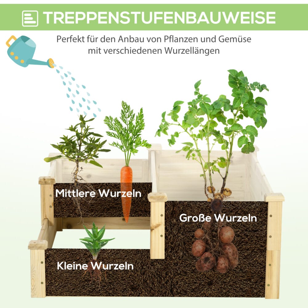 Hochbeet 3-stufig aus Tannenholz, ideal für Garten & Balkon, Naturfarbe.