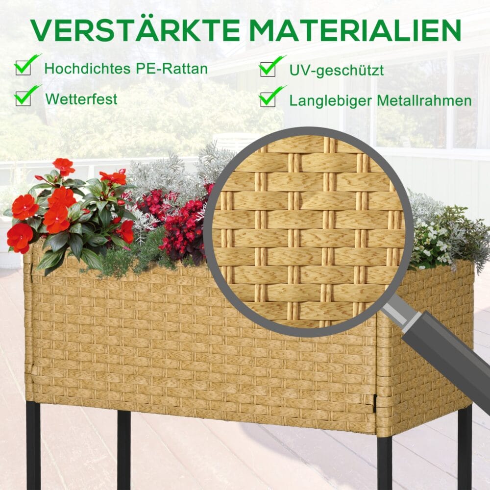 Hochbeet 70x30x72 cm mit Ablage aus Poly-Rattan, ideal für Garten, Farbe Sandfarben.