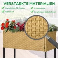 Hochbeet 70x30x72 cm mit Ablage aus Poly-Rattan, ideal für Garten, Farbe Sandfarben.