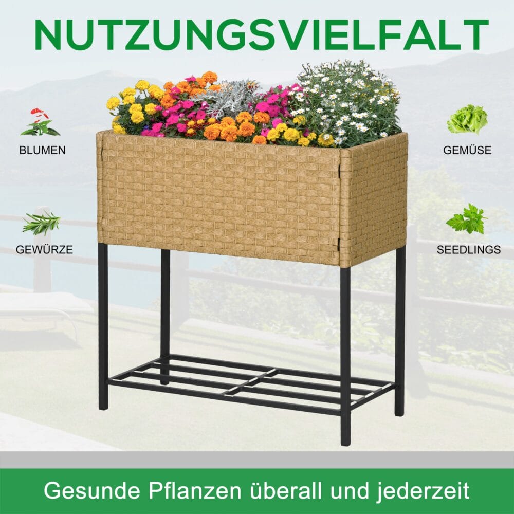 Hochbeet 70x30x72 cm mit Ablage aus Poly-Rattan, ideal für Garten, Farbe Sandfarben.