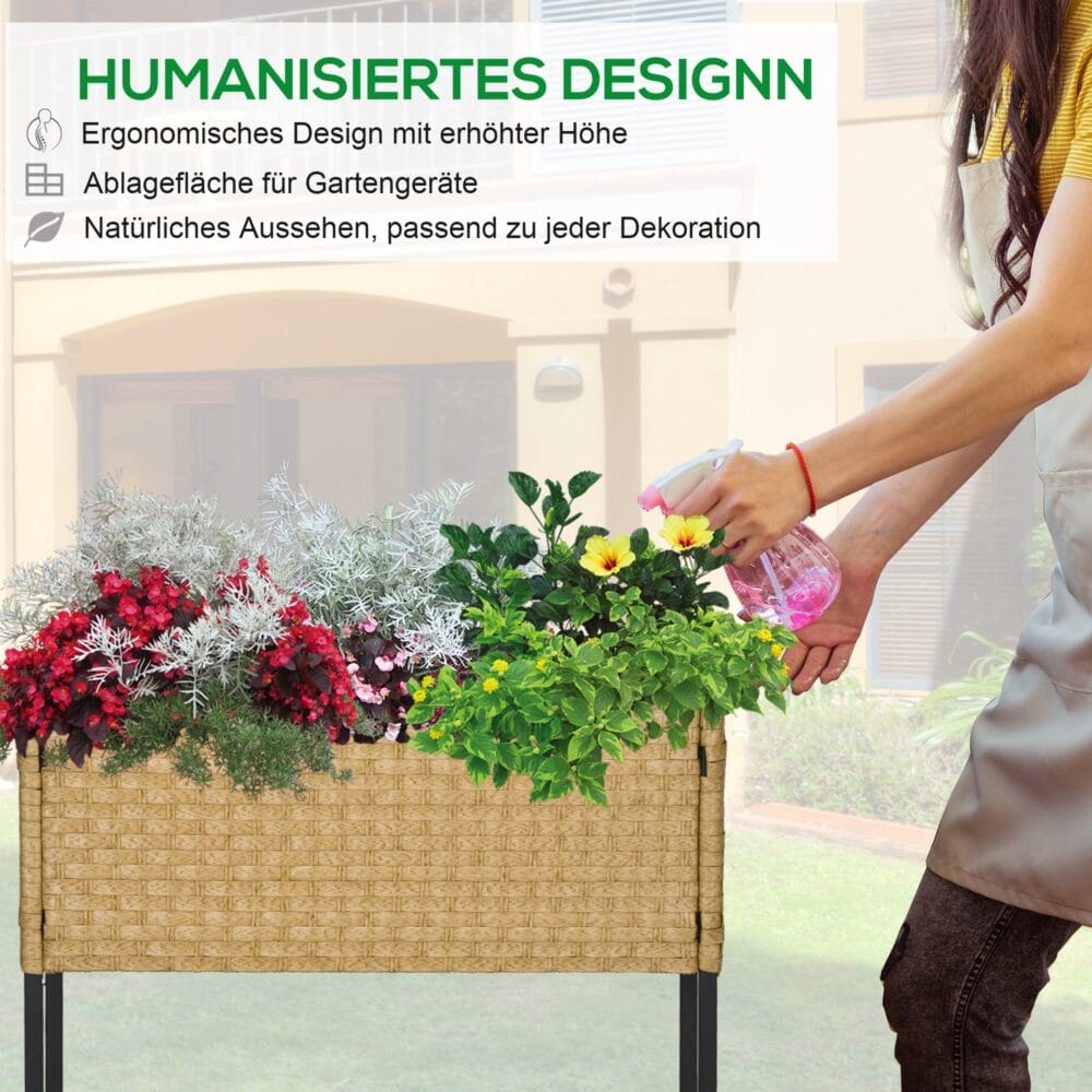 Hochbeet 70x30x72 cm mit Ablage aus Poly-Rattan, ideal für Garten, Farbe Sandfarben.