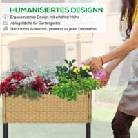 Hochbeet 70x30x72 cm mit Ablage aus Poly-Rattan, ideal für Garten, Farbe Sandfarben.
