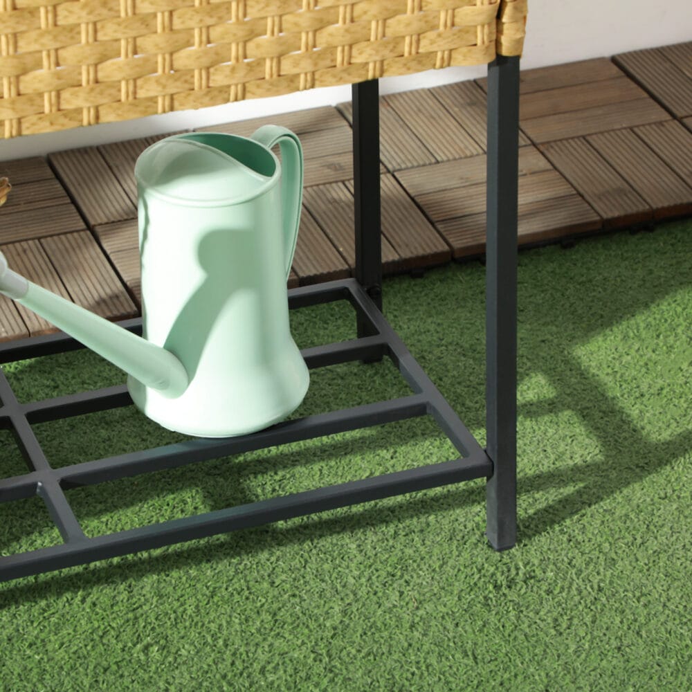 Hochbeet 70x30x72 cm mit Ablage aus Poly-Rattan, ideal für Garten, Farbe Sandfarben.