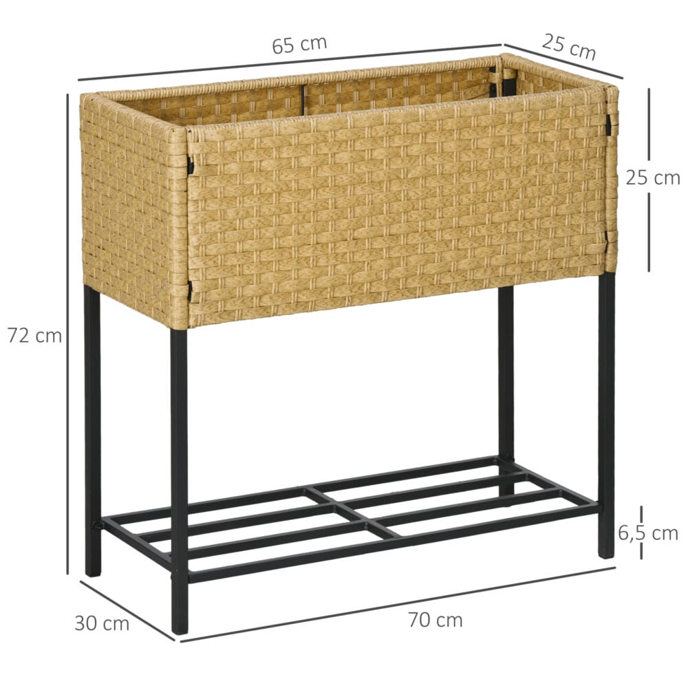 Hochbeet 70x30x72 cm mit Ablage aus Poly-Rattan, ideal für Garten, Farbe Sandfarben.