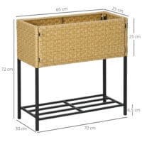 Hochbeet 70x30x72 cm mit Ablage aus Poly-Rattan, ideal für Garten, Farbe Sandfarben.