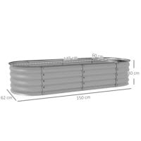 Hochbeet aus Metall mit offenem Boden, 150x62x30 cm, Farbe Silber.