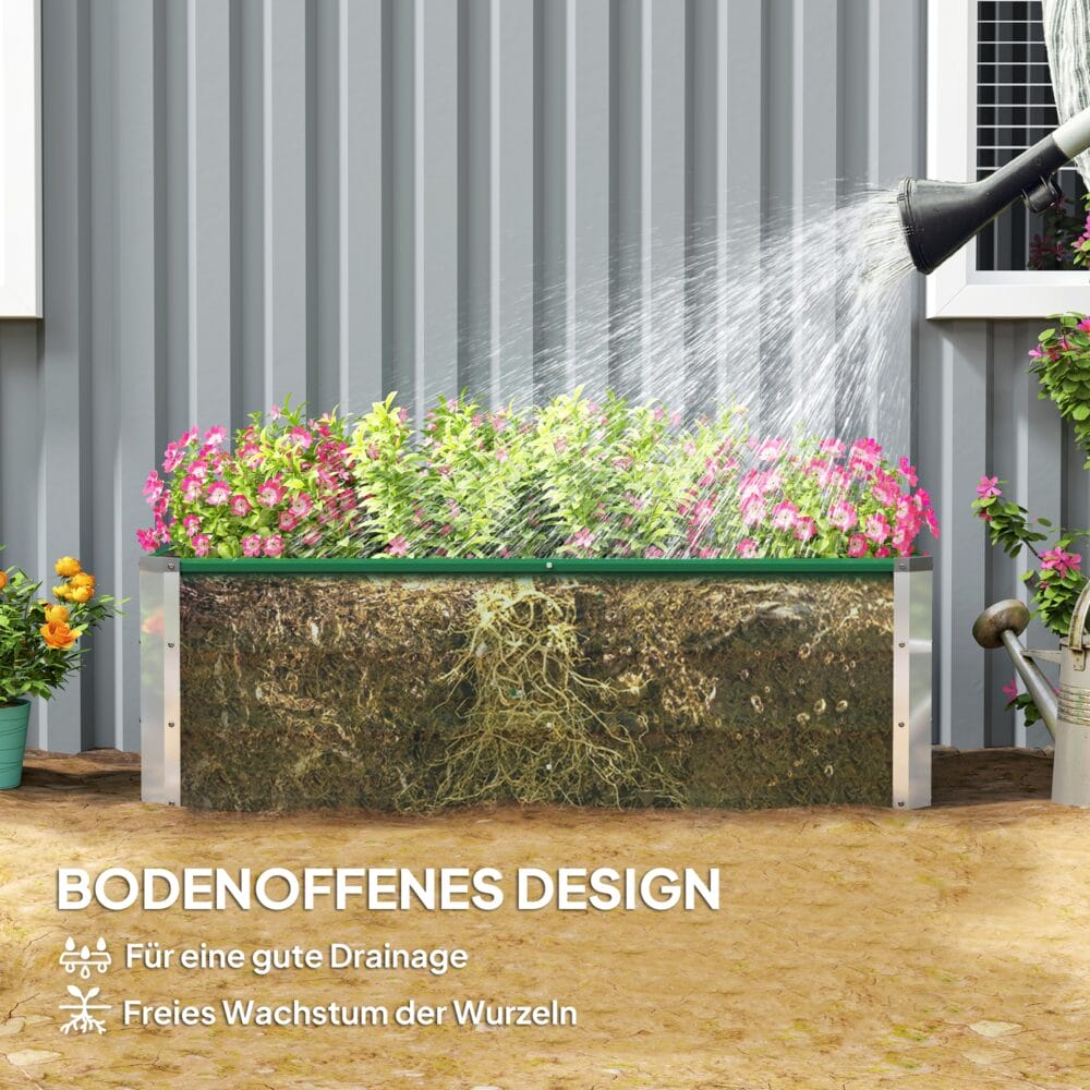 Hochbeet aus Stahl 125x47x40 cm mit Gartenhandschuhen, Farbe Grün.