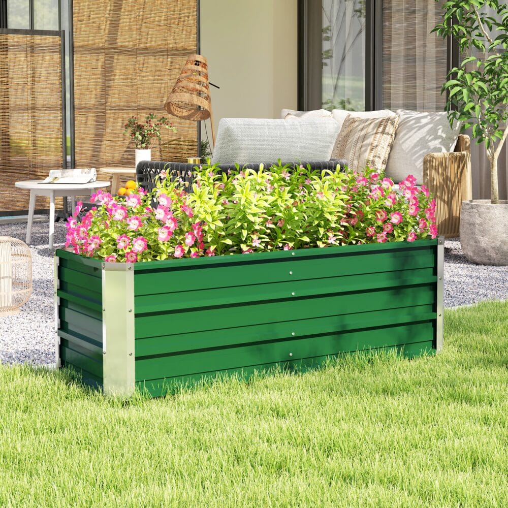 Hochbeet aus Stahl 125x47x40 cm mit Gartenhandschuhen, Farbe Grün.