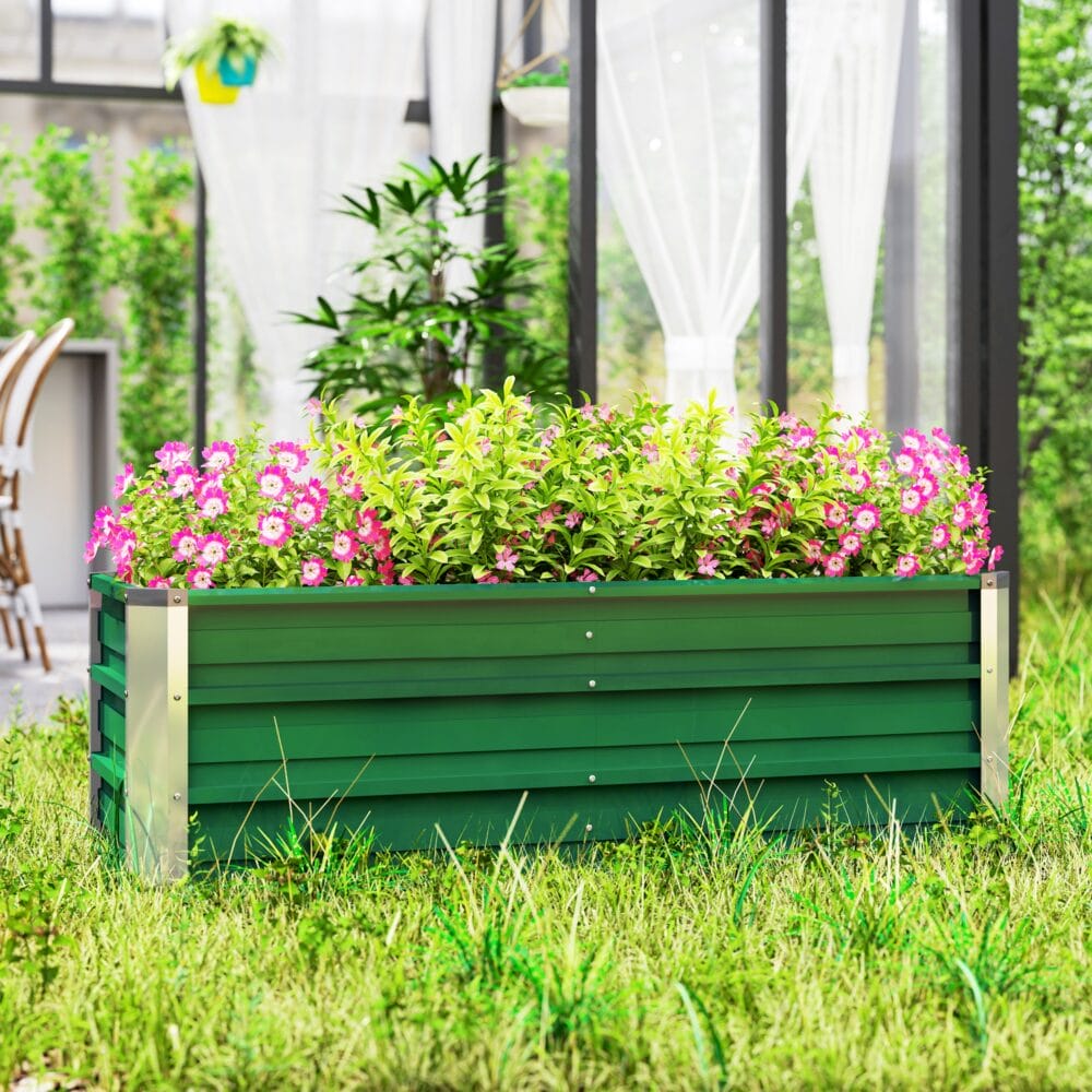 Hochbeet aus Stahl 125x47x40 cm mit Gartenhandschuhen, Farbe Grün.