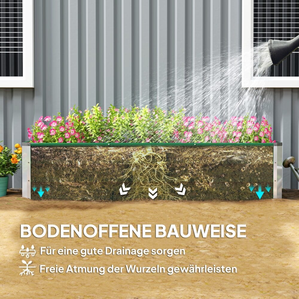 Hochbeet aus Stahl 183x47x40 cm mit Gartenhandschuhen, Farbe Grün.