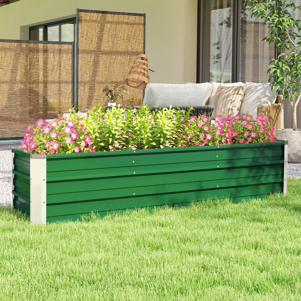 Hochbeet aus Stahl 183x47x40 cm mit Gartenhandschuhen, Farbe Grün.