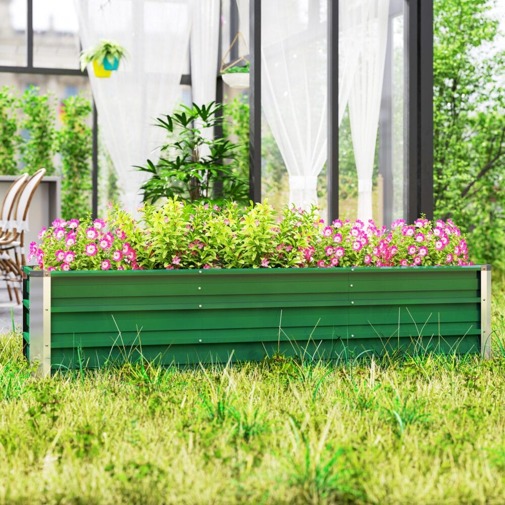 Hochbeet aus Stahl 183x47x40 cm mit Gartenhandschuhen, Farbe Grün.