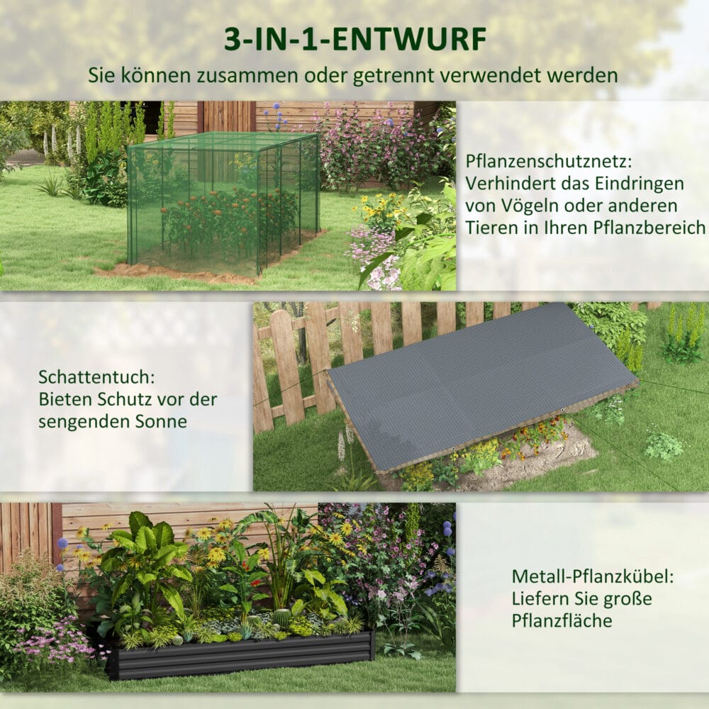 Hochbeet aus Stahl mit Vogelschutznetz, 230x110x110 cm, Farbe Dunkelgrau.
