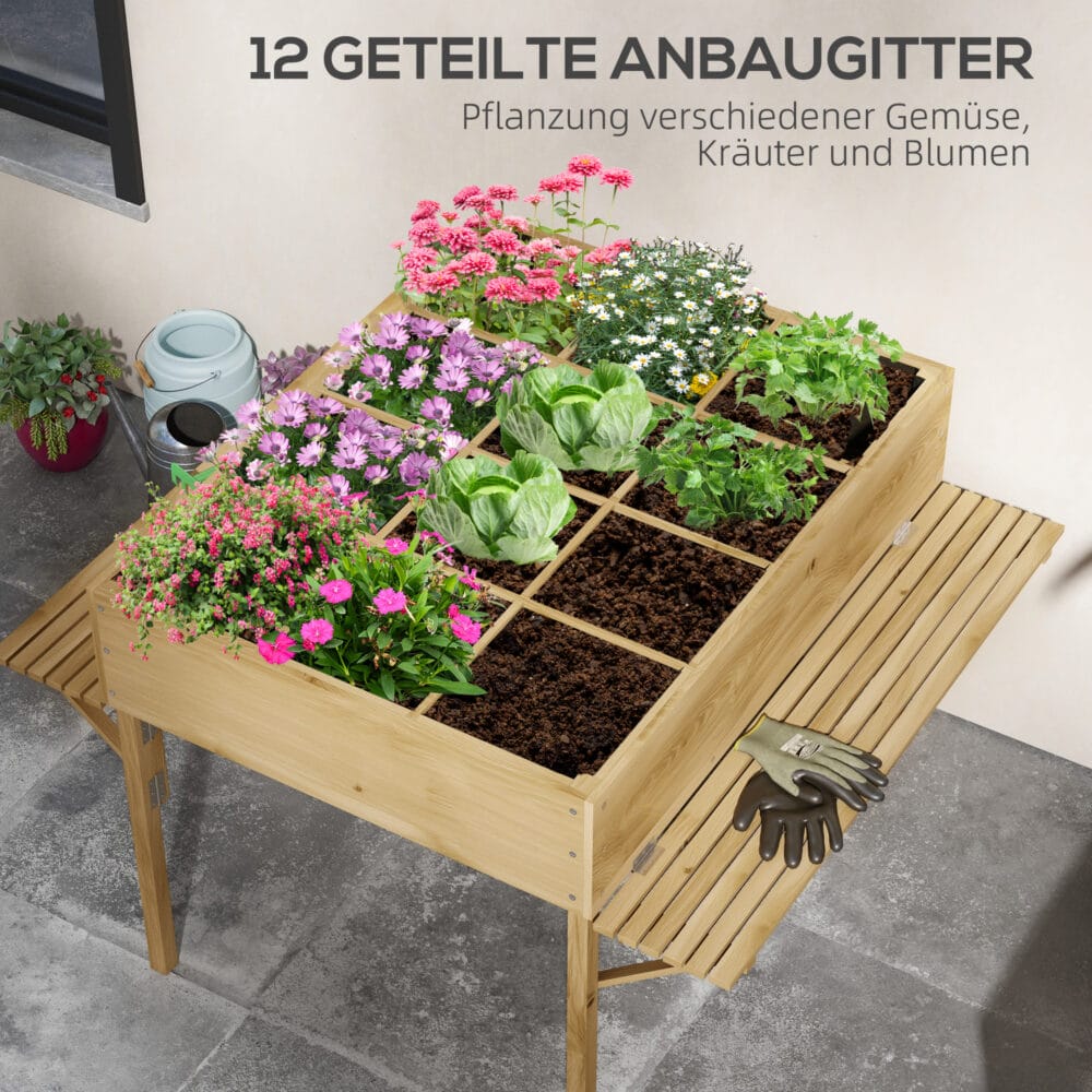 Hochbeet klappbar, 122x91.5x89 cm, aus Naturholz für Garten oder Terrasse.