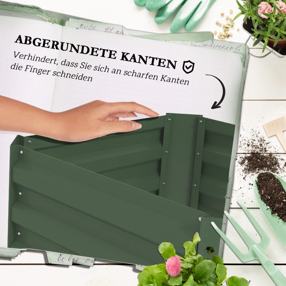 Hochbeet mit Rankhilfe, Blumenkasten aus verzinktem Stahl, Farbe Grün.