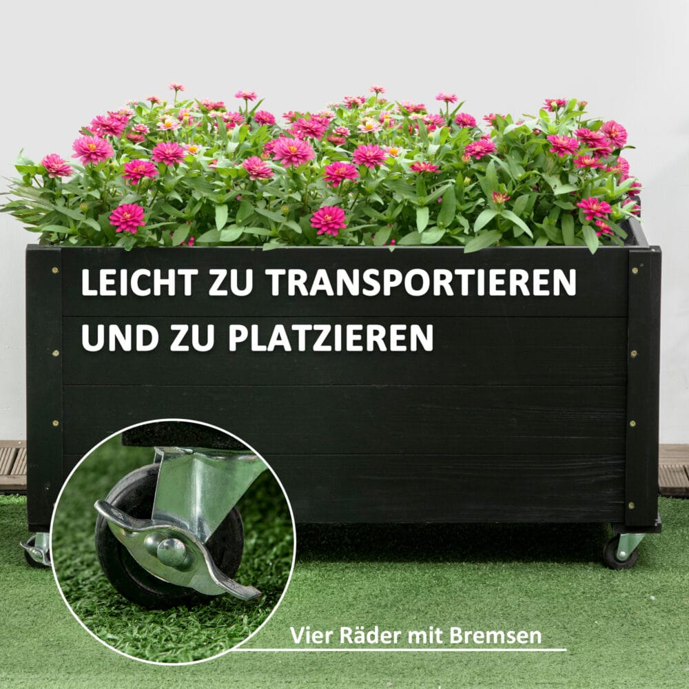 Hochbeet mit Rollen aus Massivholz für Garten, Farbe Schwarz.