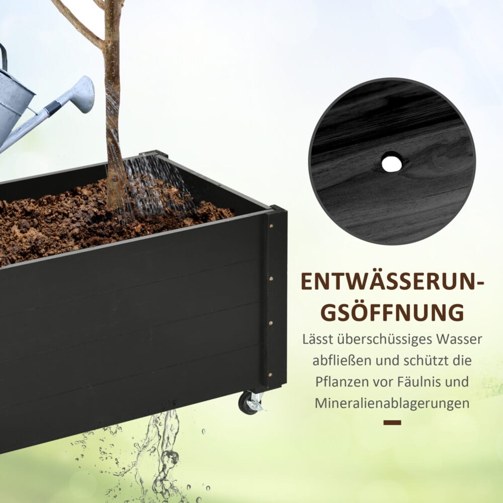Hochbeet mit Rollen aus Massivholz für Garten, Farbe Schwarz.