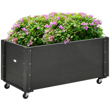 Hochbeet mit Rollen aus Massivholz für Garten, Farbe Schwarz.