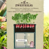 Hochbeet mit Rollen und Rankgitter aus verzinktem Stahl, Farbe Grün.