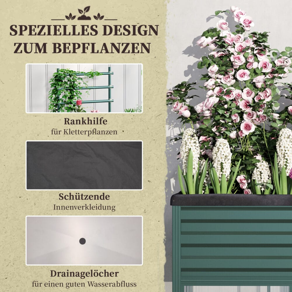 Hochbeet mit Rollen und Rankgitter aus verzinktem Stahl, Farbe Grün.