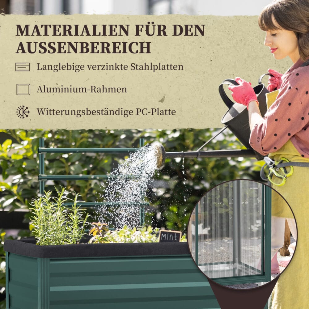 Hochbeet mit Rollen und Rankgitter aus verzinktem Stahl, Farbe Grün.